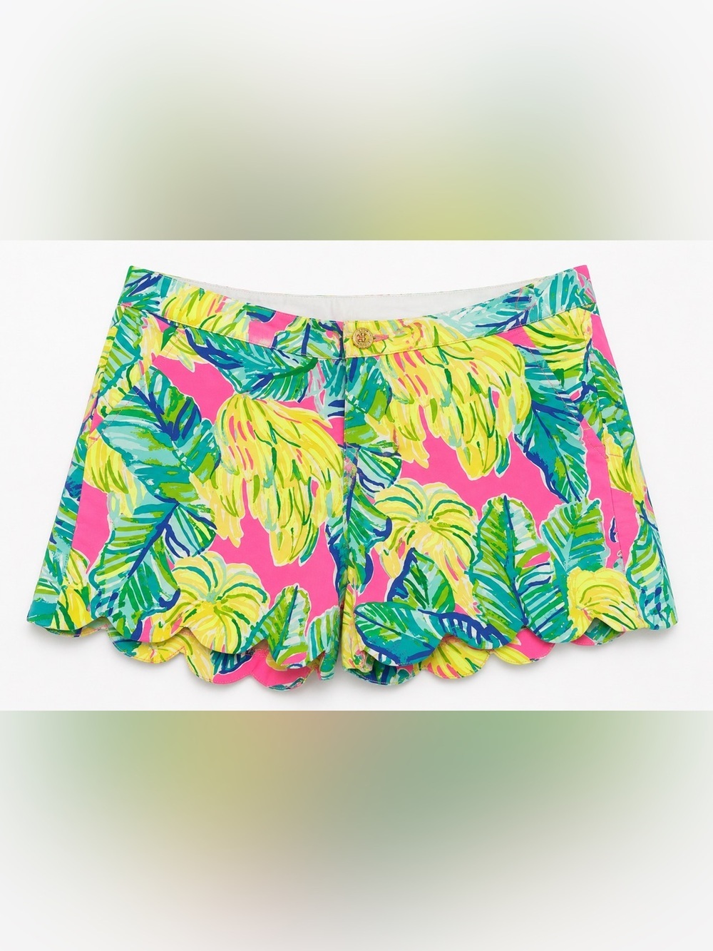 Lilly Pulitzer Buttercup Stretch Shorts 6 Pink Tropical Leaf Scallop Hem Preppy